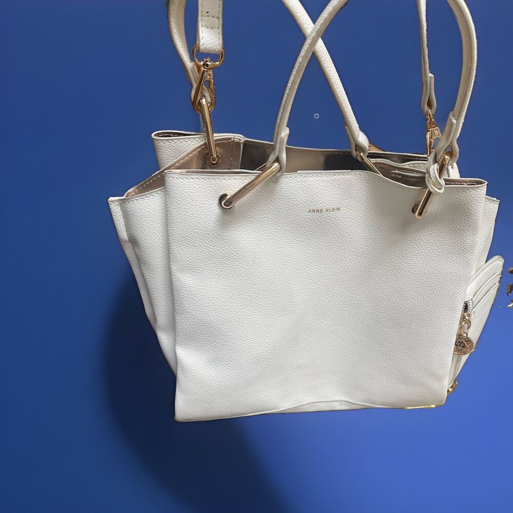 Anne Klein Women Cream Pebbled Faux Leather Zip Top Tote Bag Gold Hardware